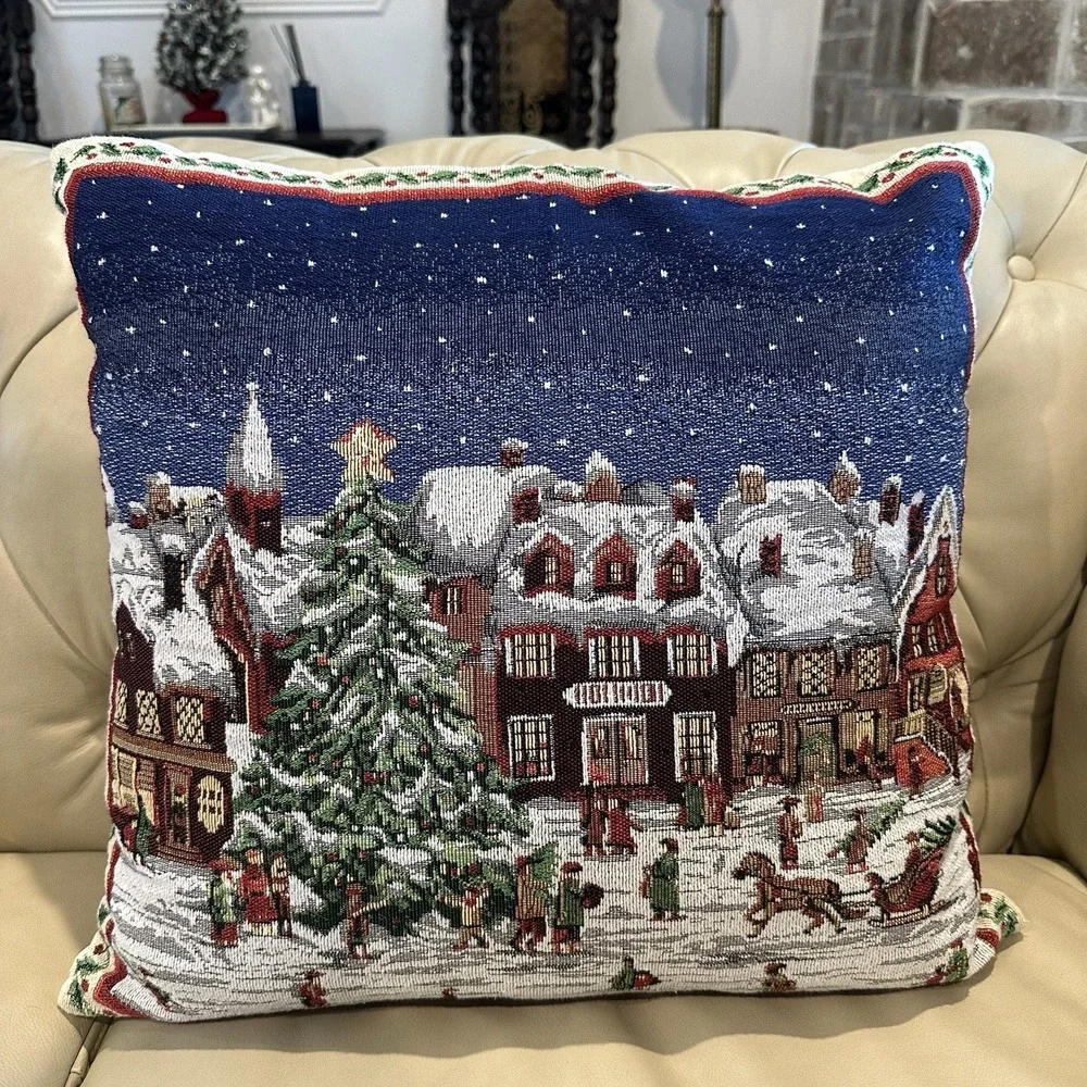 Vintage Christmas Embroidered Tapestry Throw Pillow 18 Inch Winter Town‎ Scene